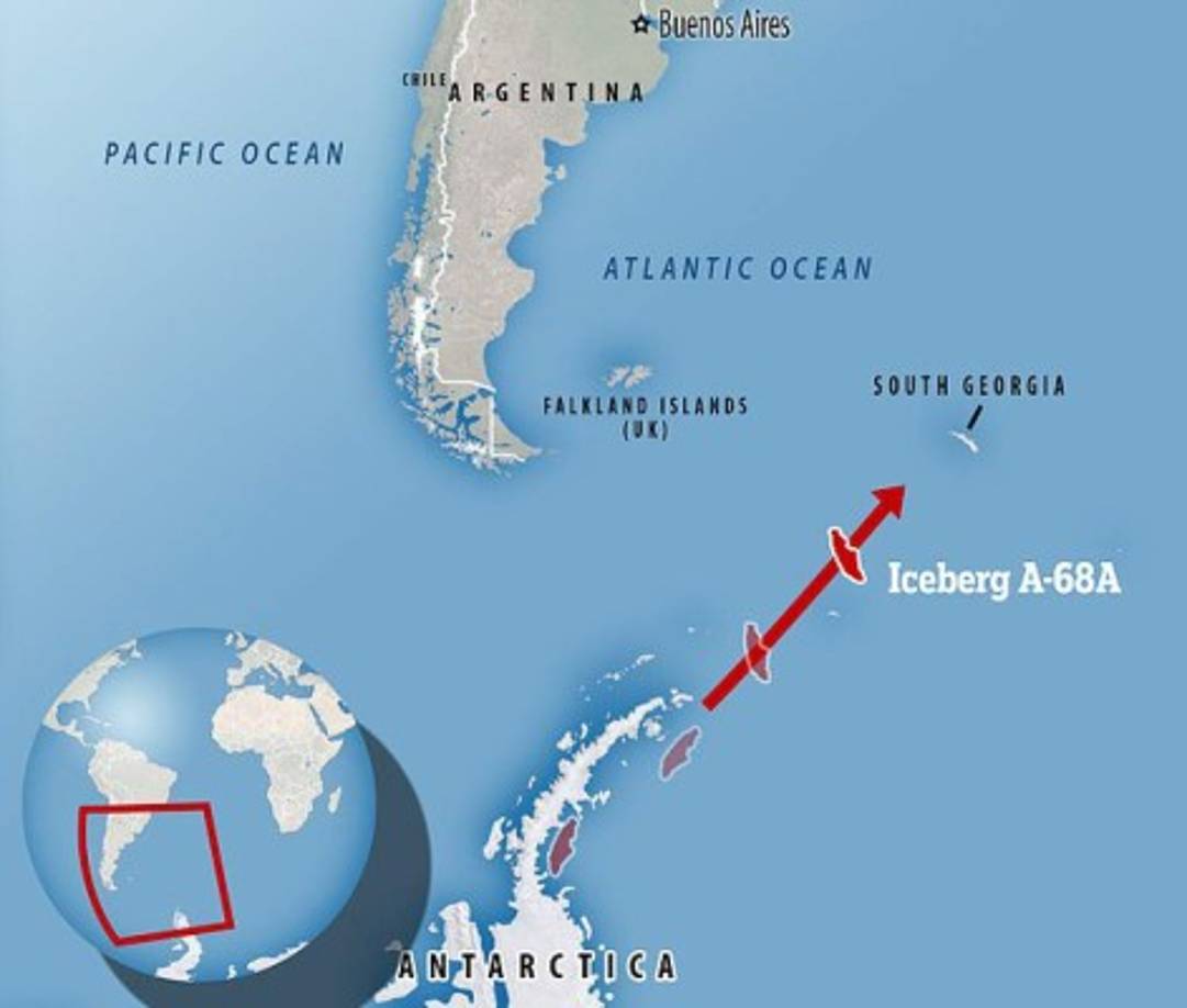 Está es la trayectoria de A68a, los científicos creen que la probabilidad de que ocurra la colisión es la misma de que no suceda, además dijeron que las corrientes oceánicas podrían favorecer a la isla.